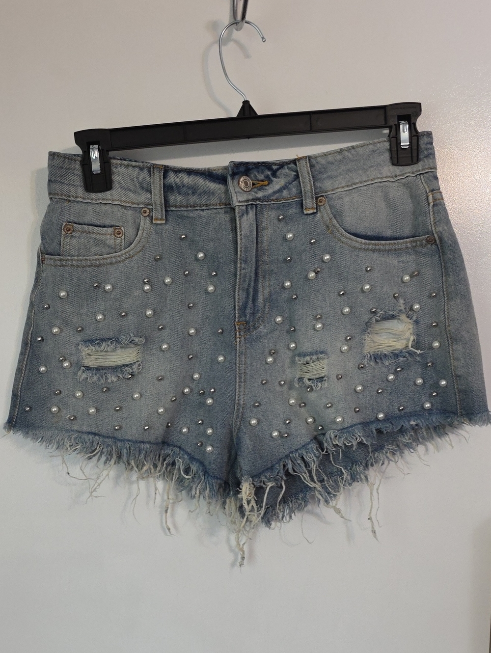 Mustard Seed Light Blue Distressed Pearl Embellished Jean Shorts
